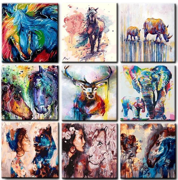 Colorful animal-themed wall art collection featuring horses, elephants, rhinoceroses, and human portraits from LH Art Collection