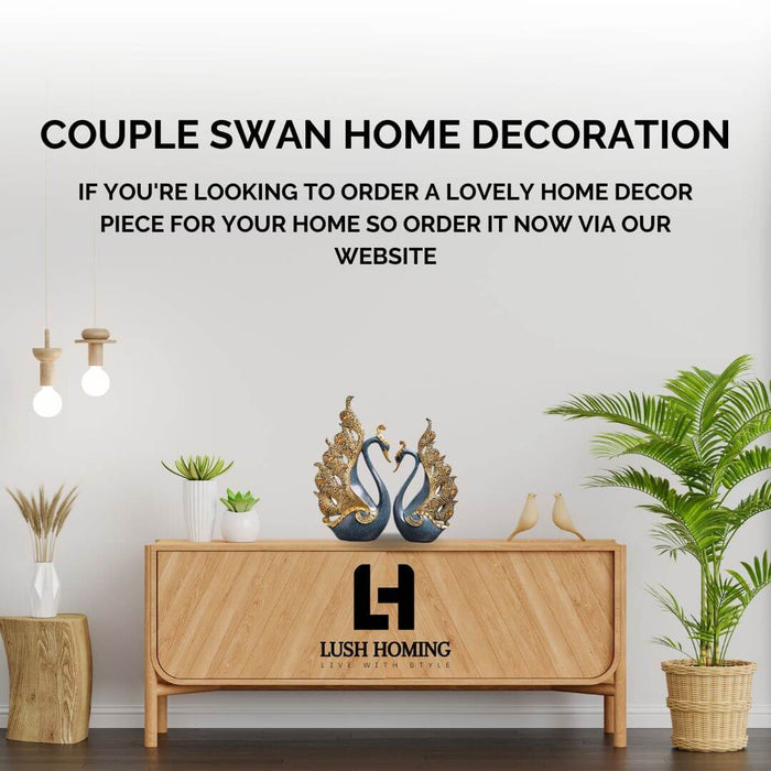 Couple Swan Home Decoration on Wooden Cabinet with Plants - Lush Homing Modern Home Decor