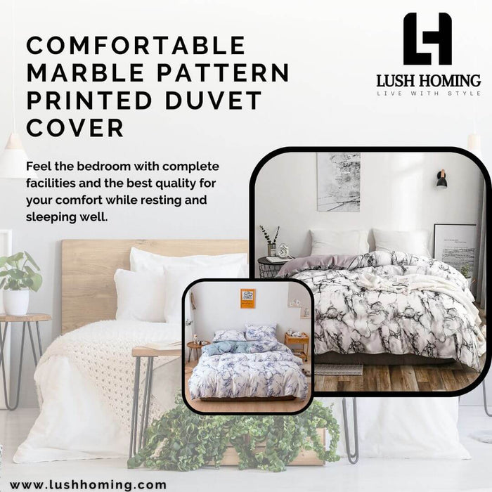 Comfortable marble pattern printed duvet cover by Lush Homing on a stylishly designed bed in a modern bedroom setting.