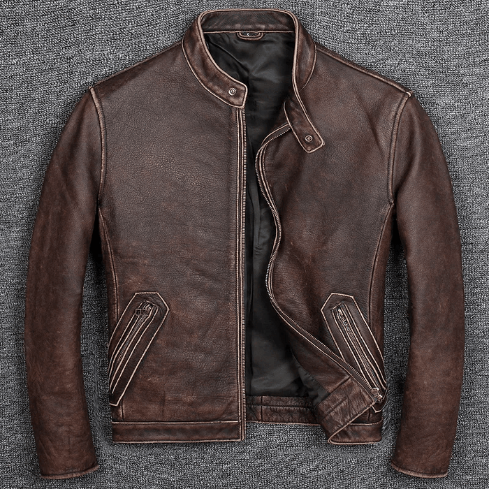 Premium brown leather jacket from LH Leather collection showcasing timeless elegance and durability.