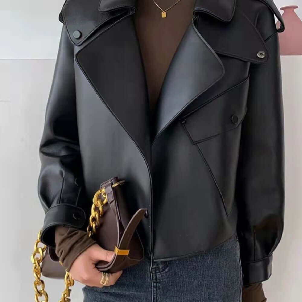 Female Sheepskin Loose Biker Jacket in Black for Commuters - Front View