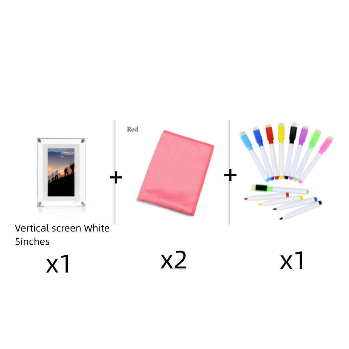 Digital picture frame set with markers and cleaning cloths.