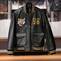 Men's Casual Standing Collar Black Leather Baseball Jacket with Embroidery and Number 20