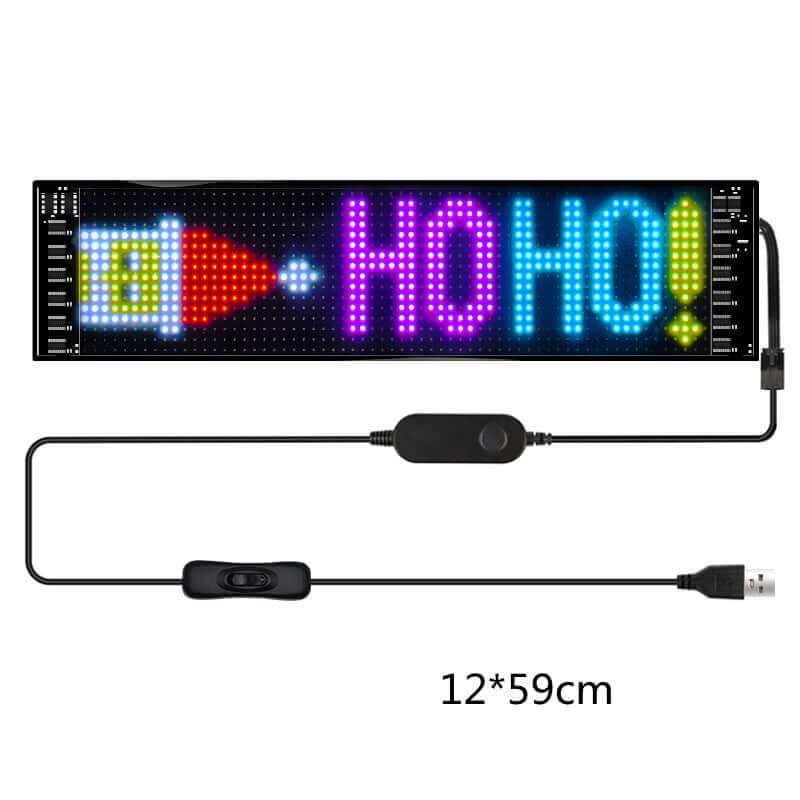 Programmable Car LED Sign displaying colorful "Ho Ho!" text and pattern with dimensions 12x59cm.