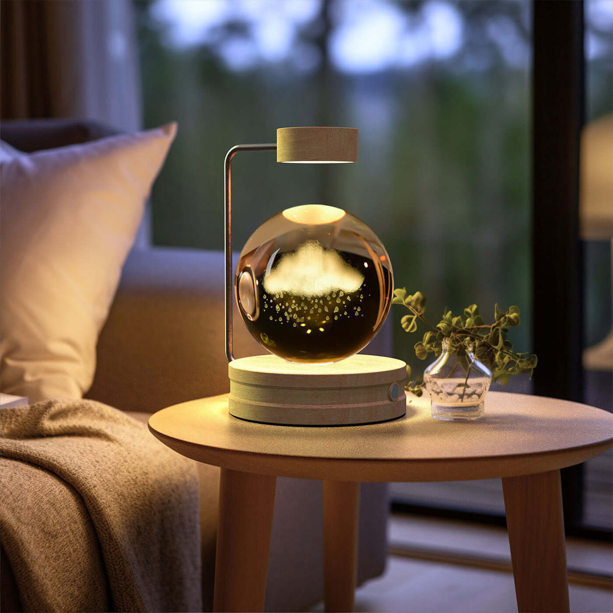 Crystal Ball Cosmic Dinosaur Indoor Night Light on a bedside table, creating a warm and enchanting atmosphere in a cozy bedroom.