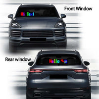 Programmable car LED sign displaying colorful text and animations on front and rear windows