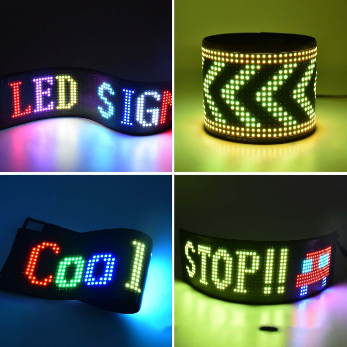 Programmable car LED sign displaying colorful text, patterns, and animations for advertising and customization.