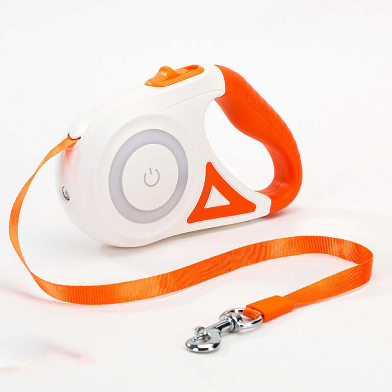 Retractable orange and white dog leash with ergonomic handle for small to medium pets, featuring one-handed braking and locking system.