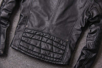 Short stand-up collar slim fit trendy leather jacket for men in black, detailed back view showing genuine leather texture.