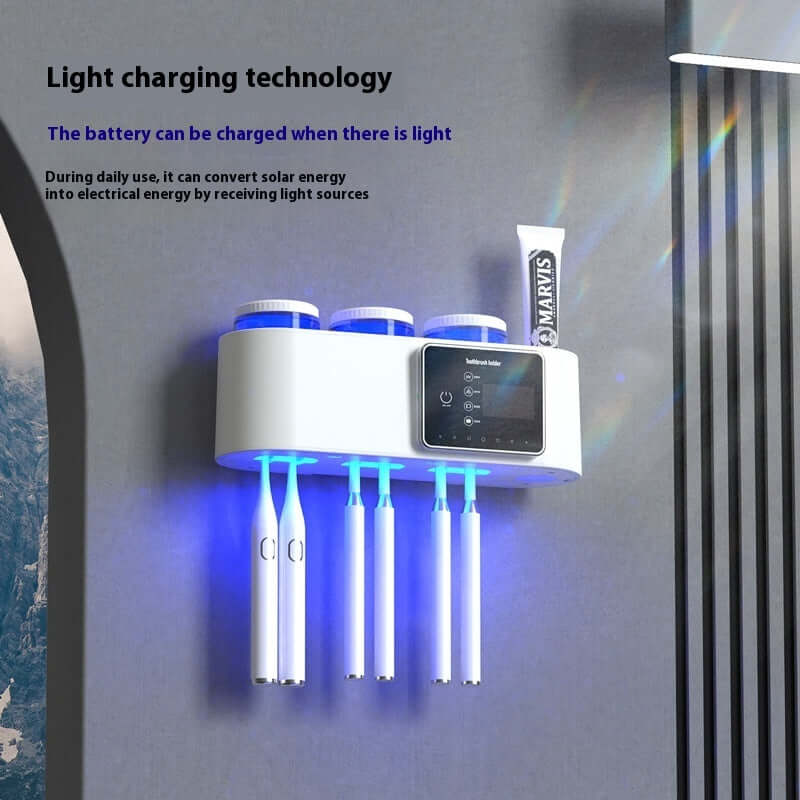 Intelligent UV drying toothbrush sterilizer storage with light charging technology in white color