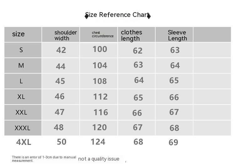 Men's Stand Collar Motorcycle Jacket Size Chart with Shoulder Width, Chest Circumference, Clothes Length, and Sleeve Length Measurements