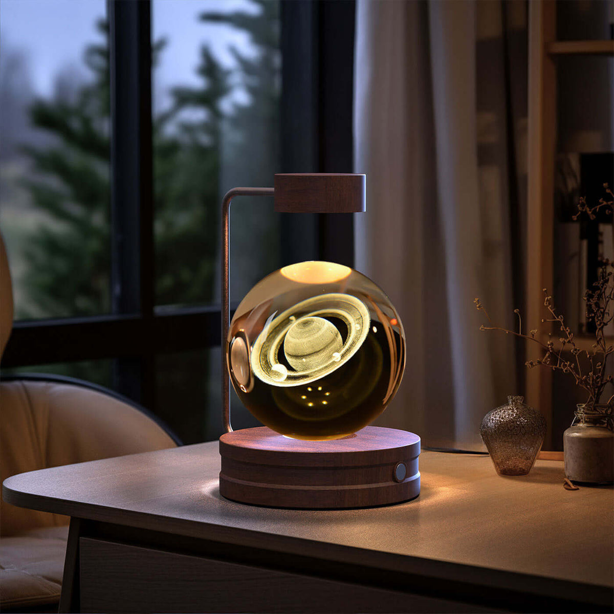 Crystal Ball Cosmic Dinosaur Indoor Night Light illuminating a cozy room, powered via USB, perfect as a warm bedside light and birthday gift.