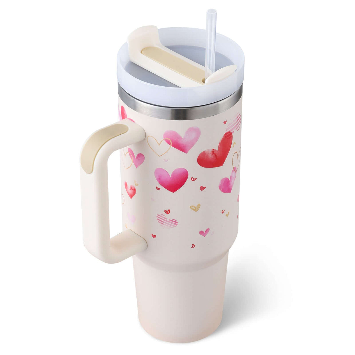 Premium 40 Oz insulated tumbler with handle and straw, featuring a heart design. Durable stainless steel, keeps beverages hot or cold.