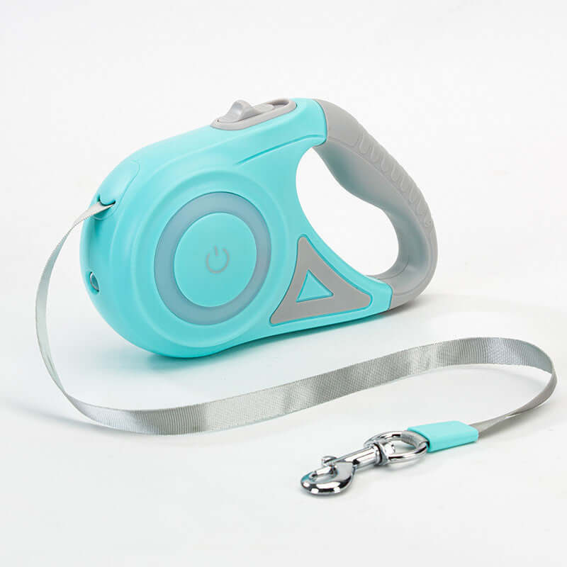 Retractable turquoise dog leash with gray handle and silver clasp for small, medium, and large pets, featuring a one-handed braking system.