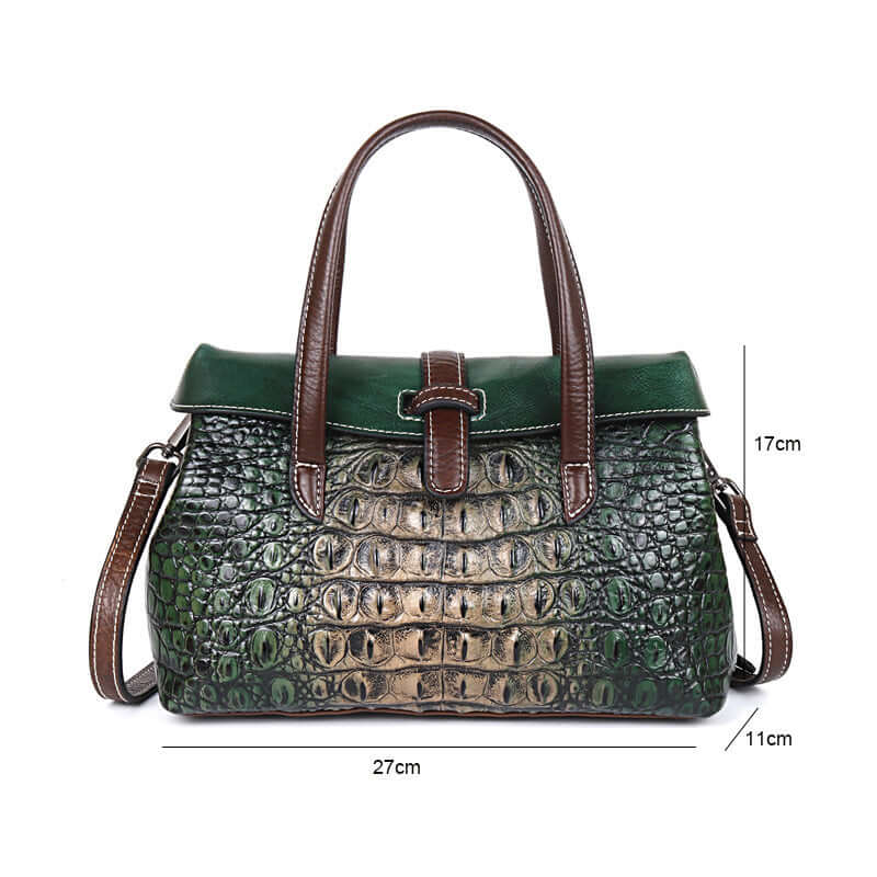 Crocodile pattern real leather one shoulder messenger bag with measurements, 27cm x 17cm x 11cm, medium-sized and stylish for everyday use