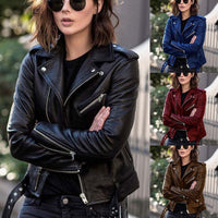 Woman wearing a stylish zip imitation leather jacket with a lapel collar in various colors, perfect for street style fashion.