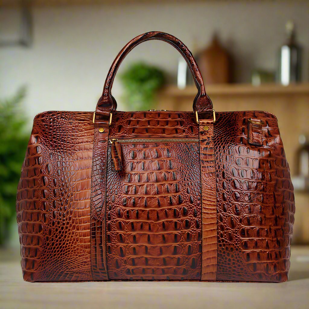 Brown Croc Print Real Leather Duffle Bag with Handles and Zipper, Ideal for Weekend Traveling