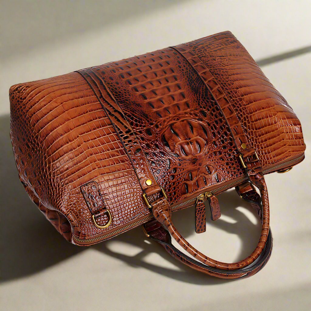 Brown Croc Print Real Leather Duffle Bag for Weekend Traveling with Handles and Zipper, Perfect for Getaways and Travel