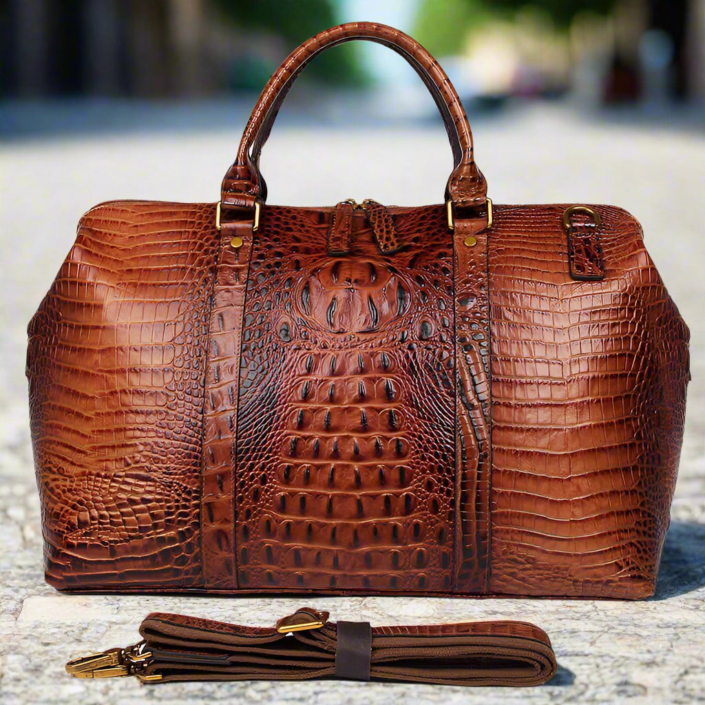 Brown Croc Print Real Leather Duffle Bag for Weekend Traveling with Handles and Strap, Made from Imported First Layer Cowhide