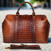 Brown Croc Print Real Leather Duffle Bag for Weekend Traveling with Handles and Strap, Made from Imported First Layer Cowhide