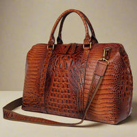 Brown Croc Print Real Leather Duffle Bag for Weekend Travel, 45.7cm x 19cm x 30.5cm, Fits 15.6 inch computer, Stylish One-Shoulder Messenger Bag