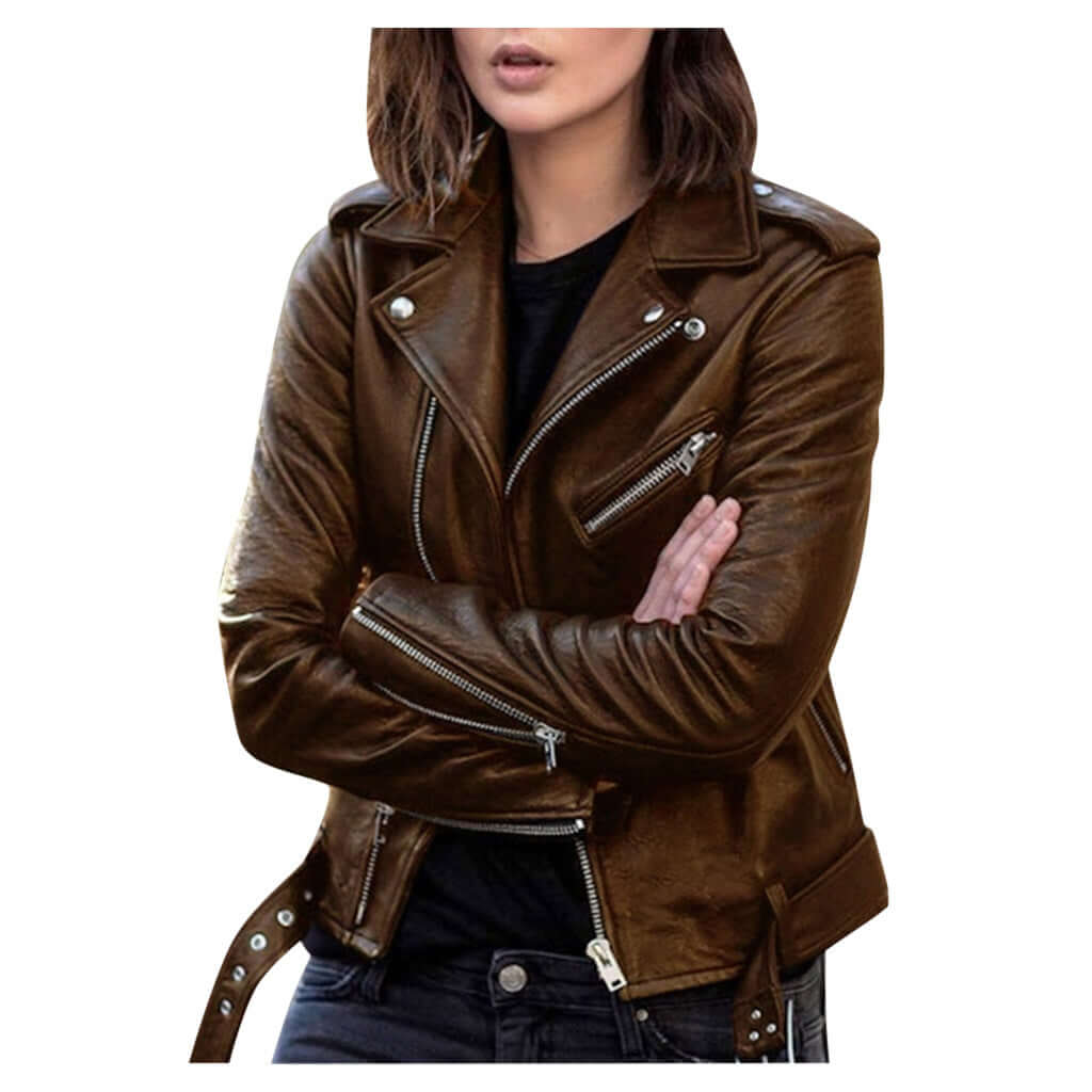 Street style zip imitation leather jacket with lapel collar in brown. Short style for a trendy, edgy look. Asian sizes available.