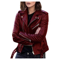 Trendy burgundy zip imitation leather jacket with lapel collar and street style details