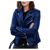 Woman wearing blue zip imitation leather jacket with lapel collar and silver zippers for street style fashion.