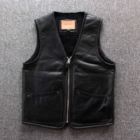 Lamb wool warm leather vest with zipper closure and multiple pockets, no collar design, and slim-fit cardigan style on grey background.