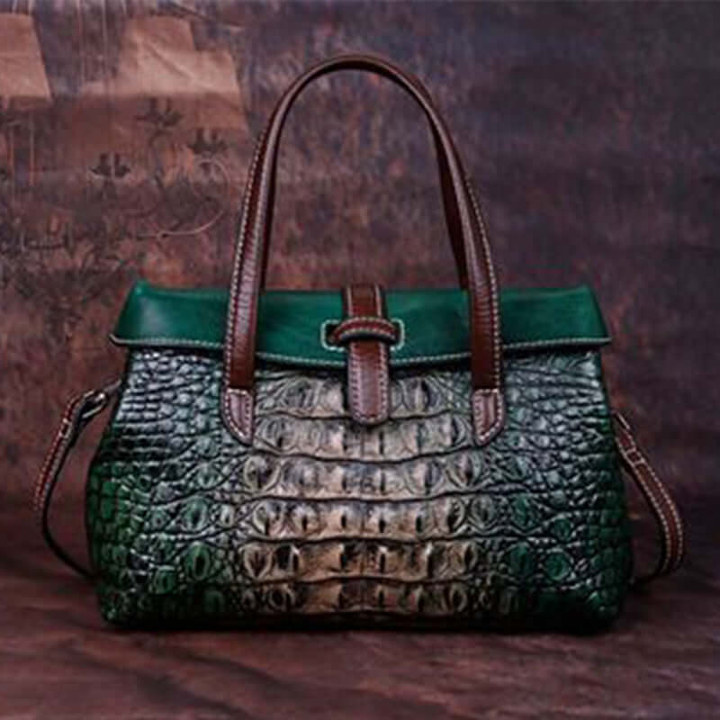 One Shoulder Messenger real leather bag with crocodile pattern in dark green and brown, featuring dual handles and trendy design