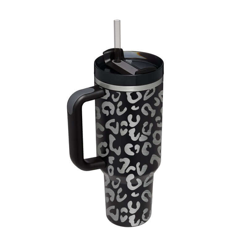 40oz insulated tumbler with handle and straw, featuring a stylish black and gray leopard print design for hot and cold beverages.