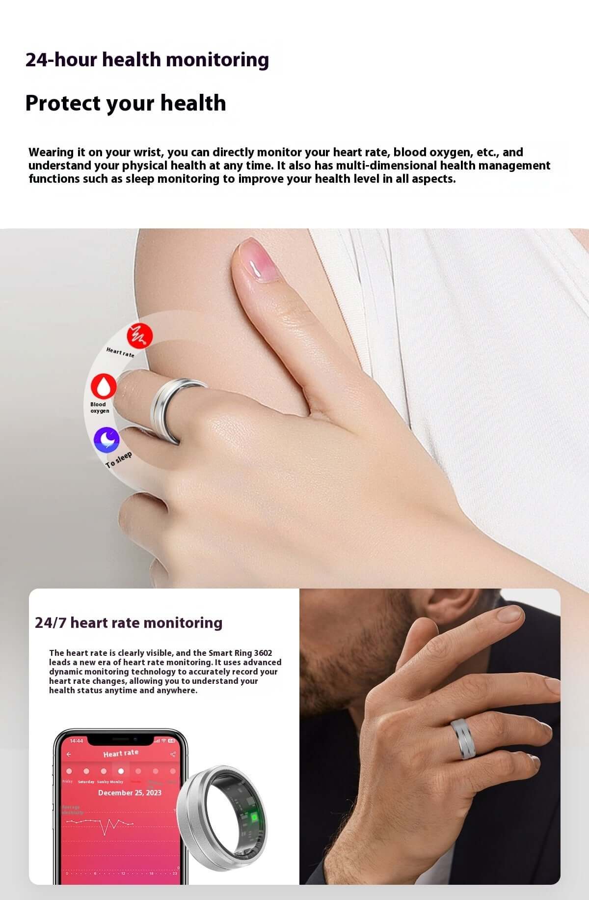 2024 Smart Ring on finger displaying health monitoring features on smartphone screen, showcasing all-in-one health tracking for men and women.