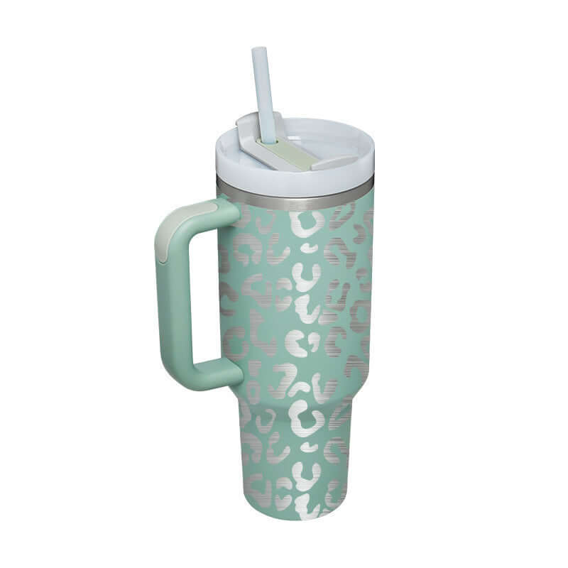 40 Oz Insulated Tumbler With Handle and Straw in Aqua Leopard Print – Stainless Steel, Keeps Beverages Hot or Cold