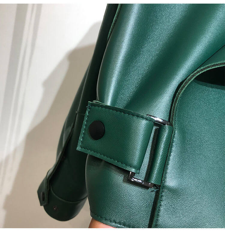 Close-up of green leather detail on Female Sheepskin Loose Biker Jacket, highlighting craftsmanship and quality.