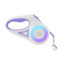 Retractable dog leash and collar with one-handed braking button for small to medium dogs, purple handle, and ABS material.