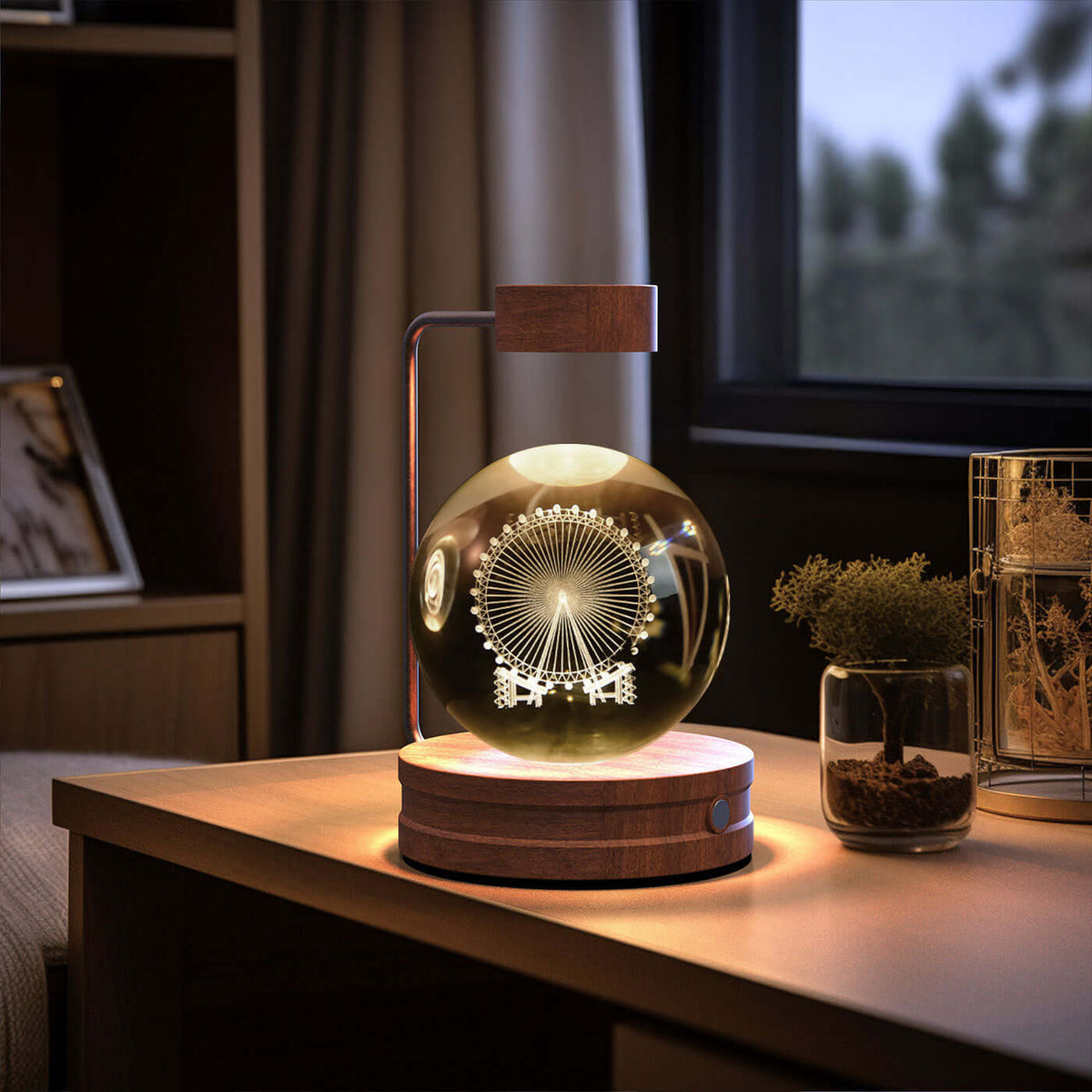 Crystal Ball Cosmic Dinosaur Indoor Night Light with USB Power on a bedside table, creating a warm and romantic atmosphere.