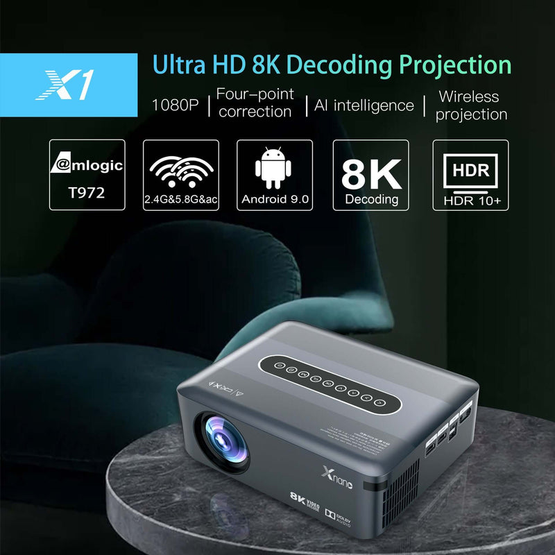 Ultra HD 8K decoding wireless projector with AI intelligence, HDR 10+, and 1080P resolution for immersive home theater experience.