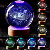 3D Solar System Crystal Ball Night Light with changing colors, featuring laser-engraved image of solar system in K9 crystal ball.