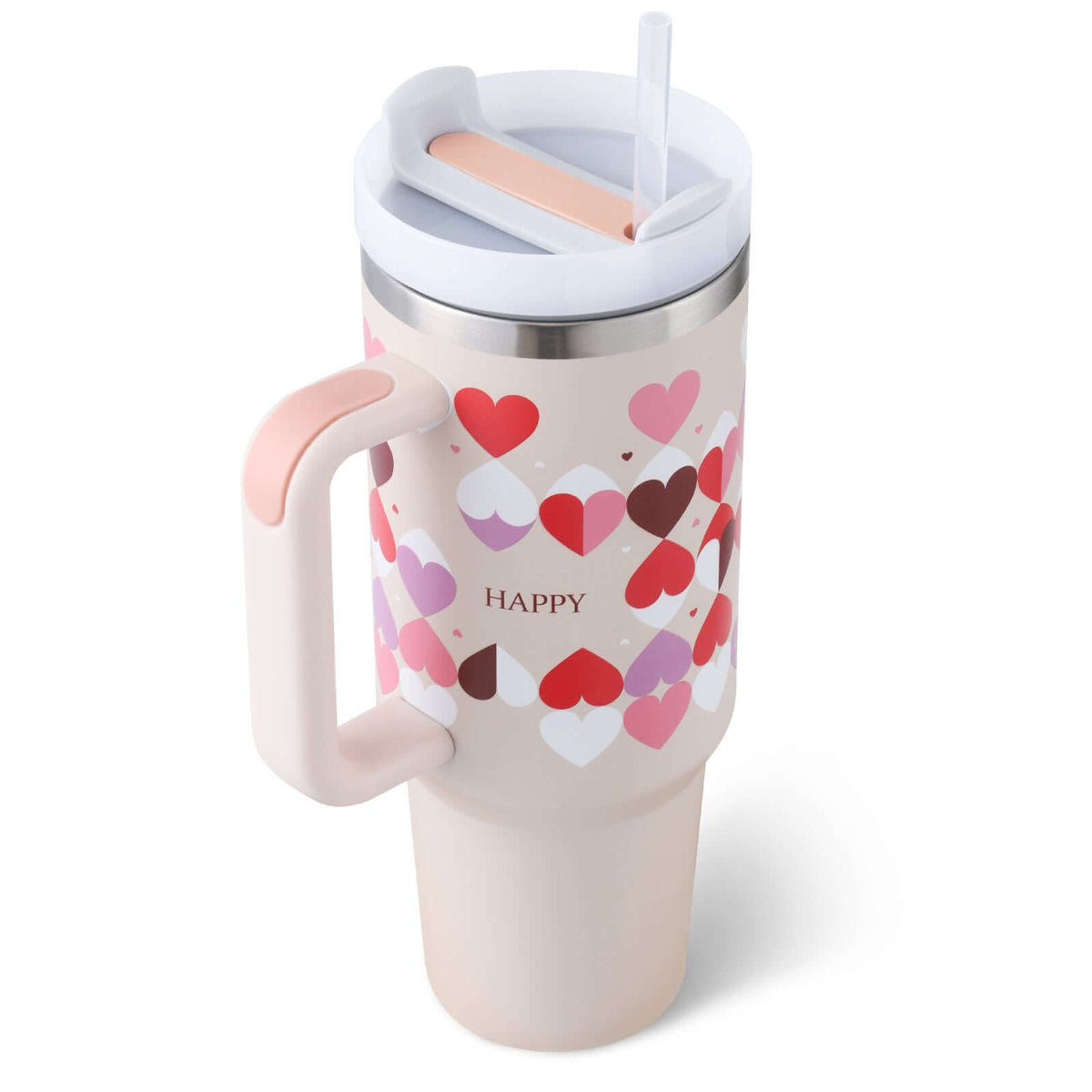 40oz insulated tumbler with handle and straw, decorated with pink and red hearts, premium stainless steel for hot and cold beverages.