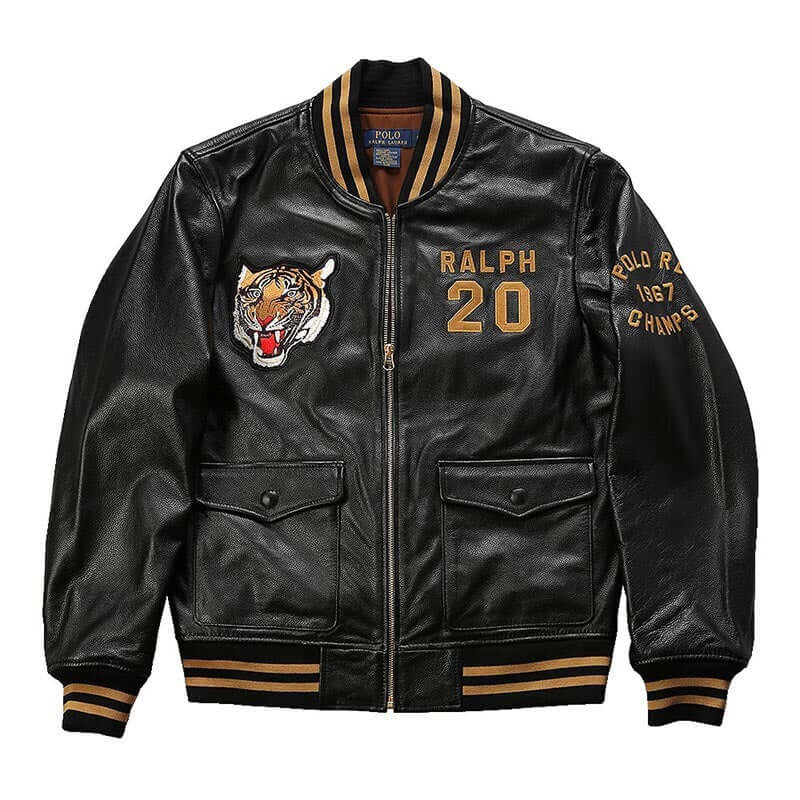 Men's black sheepskin leather baseball jacket with tiger embroidery, standing collar, and pockets, ideal for casual fashion style.