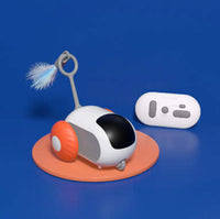 Remote control interactive cat car toy with USB charging, designed for chasing and self-moving, displayed on a blue background with a remote.