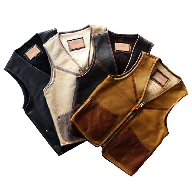 Assorted lamb wool warm leather vests in various colors and designs with zipper closure and multiple pockets for a stylish look