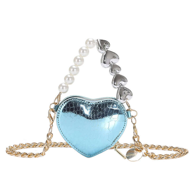 Mini Love-Shape Pearls Handbag in blue with heart accents and gold chain, perfect combination of cute style and functionality.