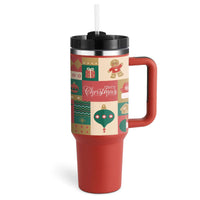 Festive 40 Oz Insulated Tumbler With Handle and Straw, Christmas-Themed Design, High-Grade Stainless Steel for Hot and Cold Beverages