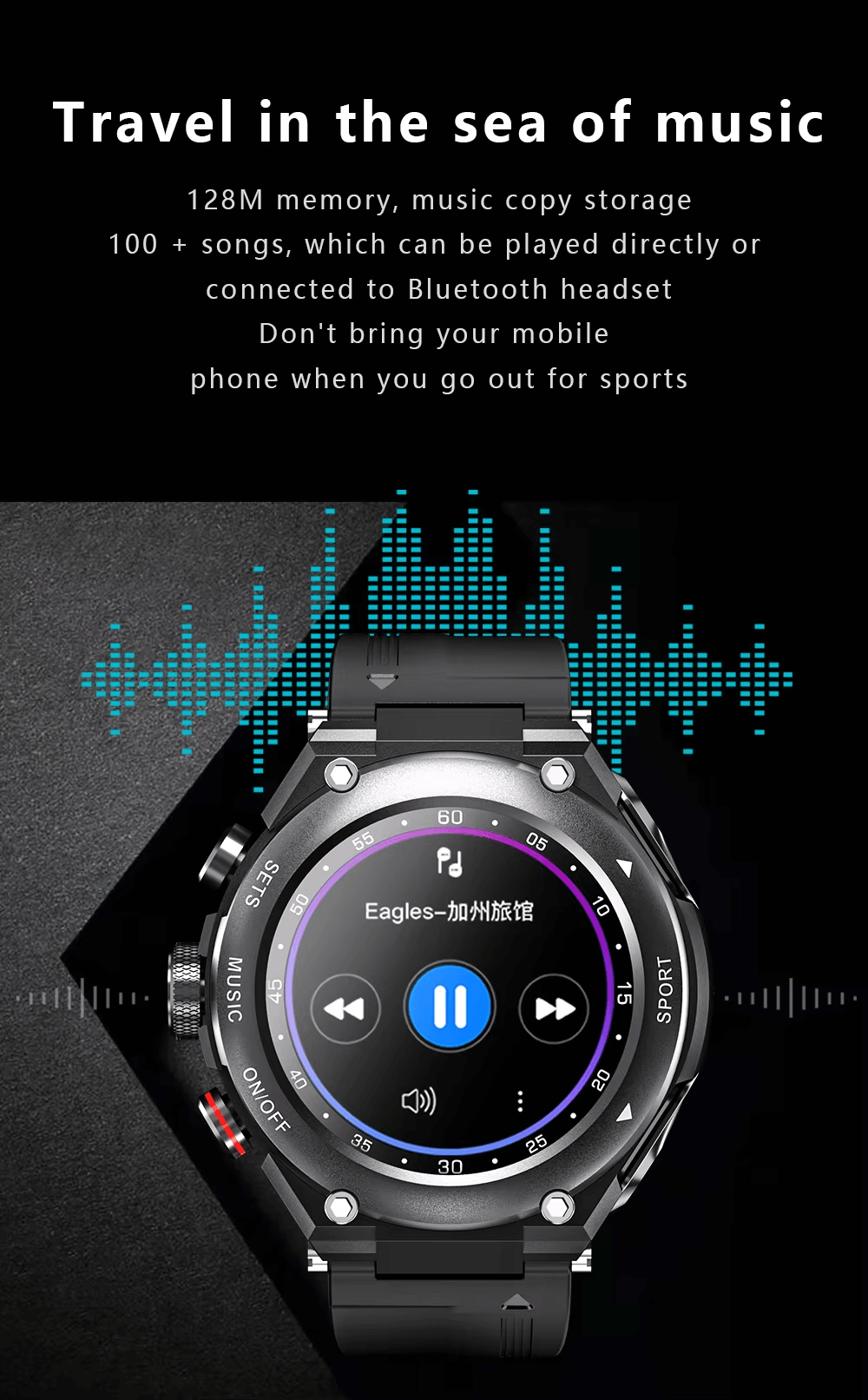 T92 Smartwatch with Detachable Earbuds displaying music playback screen with 128M memory and Bluetooth connectivity for sports