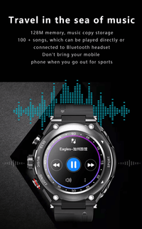 T92 Smartwatch with Detachable Earbuds displaying music playback screen with 128M memory and Bluetooth connectivity for sports