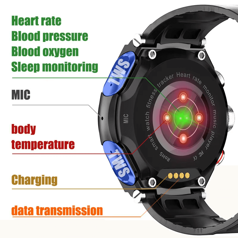 T92 Smartwatch back view showcasing heart rate, blood pressure, blood oxygen, sleep monitoring, body temperature, charging and data transmission features