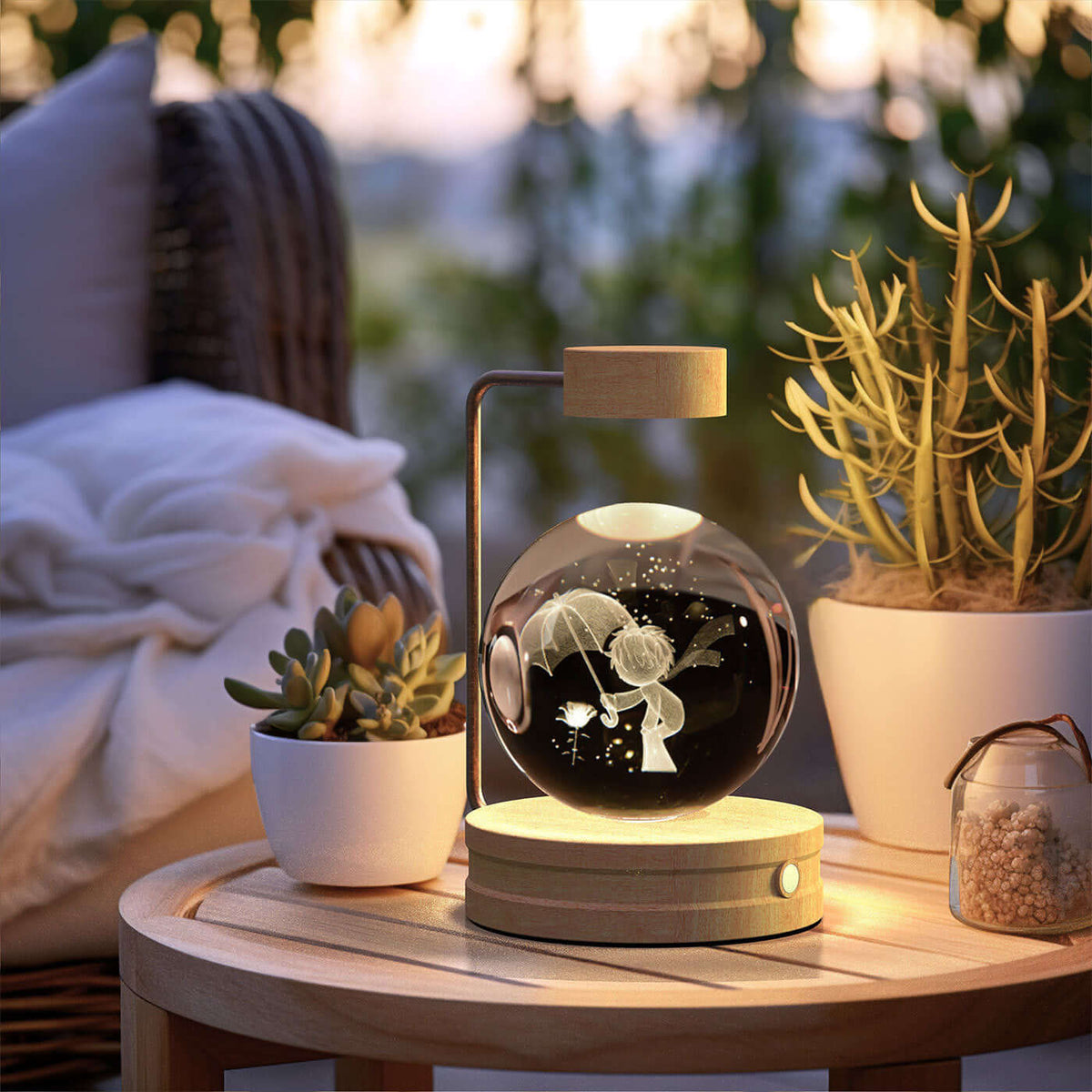 Crystal Ball Cosmic Dinosaur Indoor Night Light USB Power Warm Bedside Light Birthday Gift Night Lamp on wooden table with plants and blanket in background