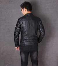 Man wearing black washed short stand-up collar slim fit trendy leather jacket for men seen from the back.