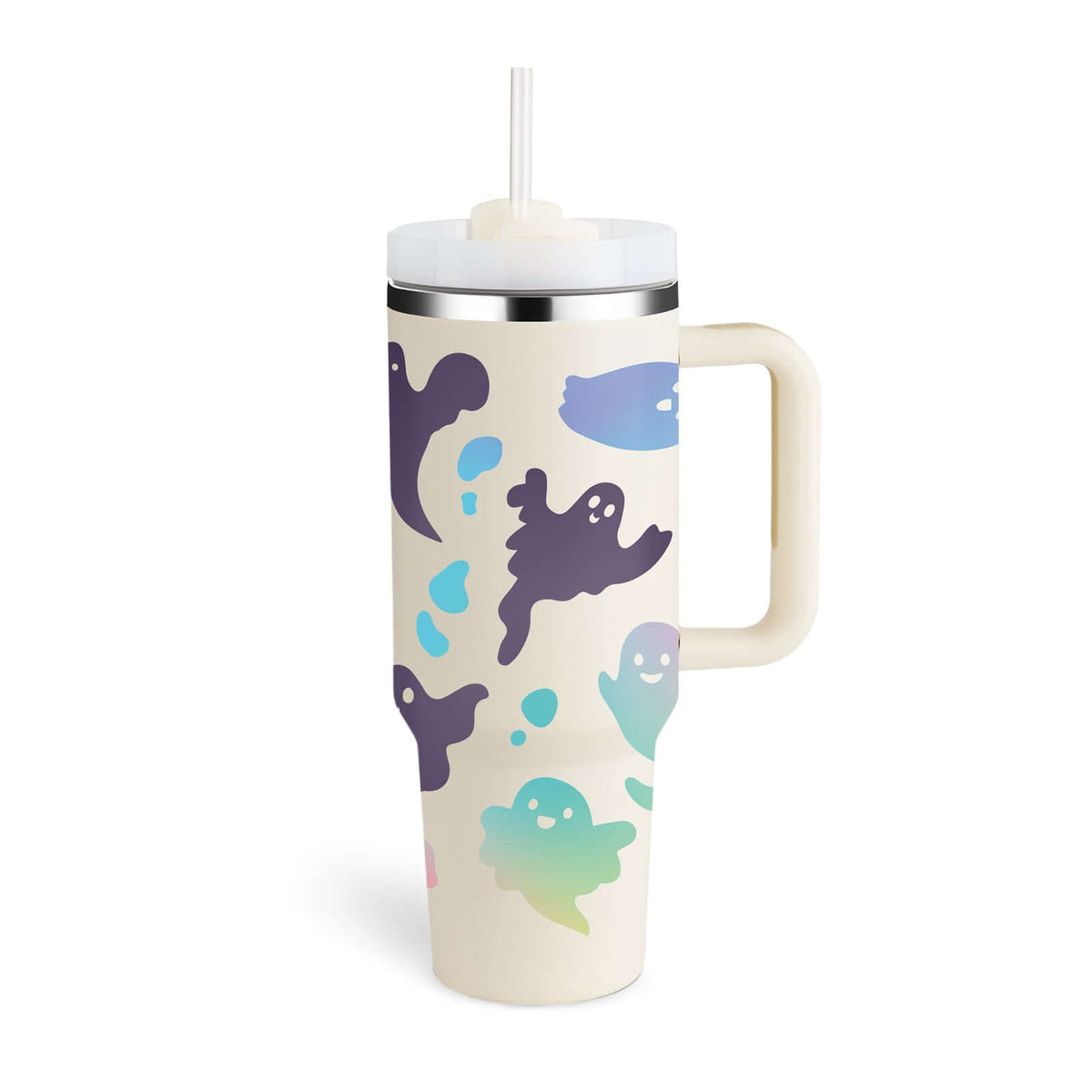 40oz insulated tumbler with handle and straw, featuring a high-grade stainless steel construction with colorful ghost design.